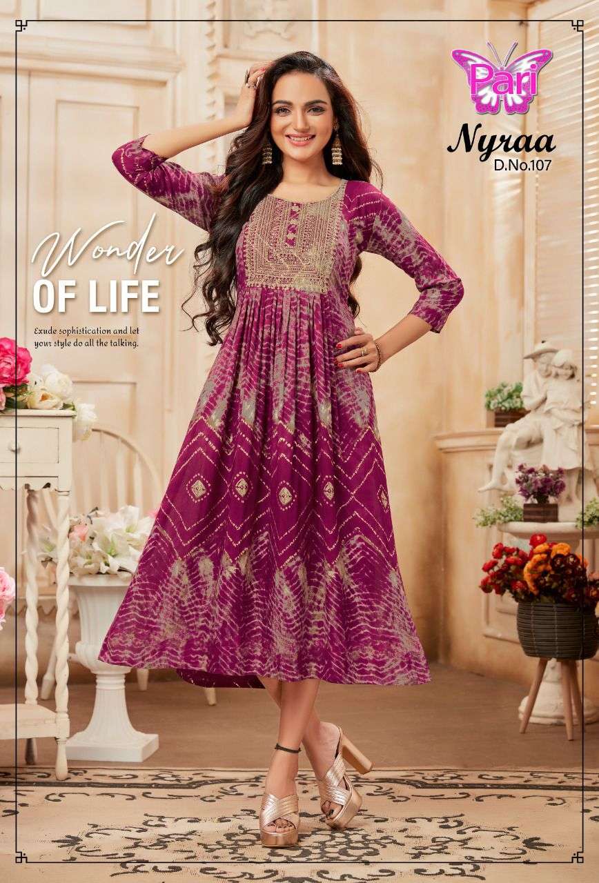 NYRAA BY PARI 101 TO 108 SERIES BEAUTIFUL STYLISH FANCY COLORFUL CASUAL WEAR & ETHNIC WEAR RAYON PRINTS KURTIS AT WHOLESALE PRICE