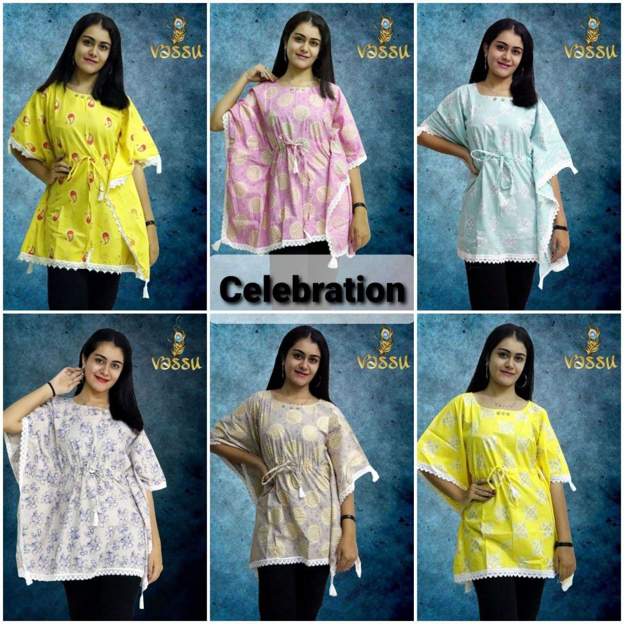 CELEBRATION BY VASSU 01 TO 06 SERIES BEAUTIFUL STYLISH FANCY COLORFUL CASUAL WEAR & ETHNIC WEAR COTTON WITH WORK TOPS AT WHOLESALE PRICE