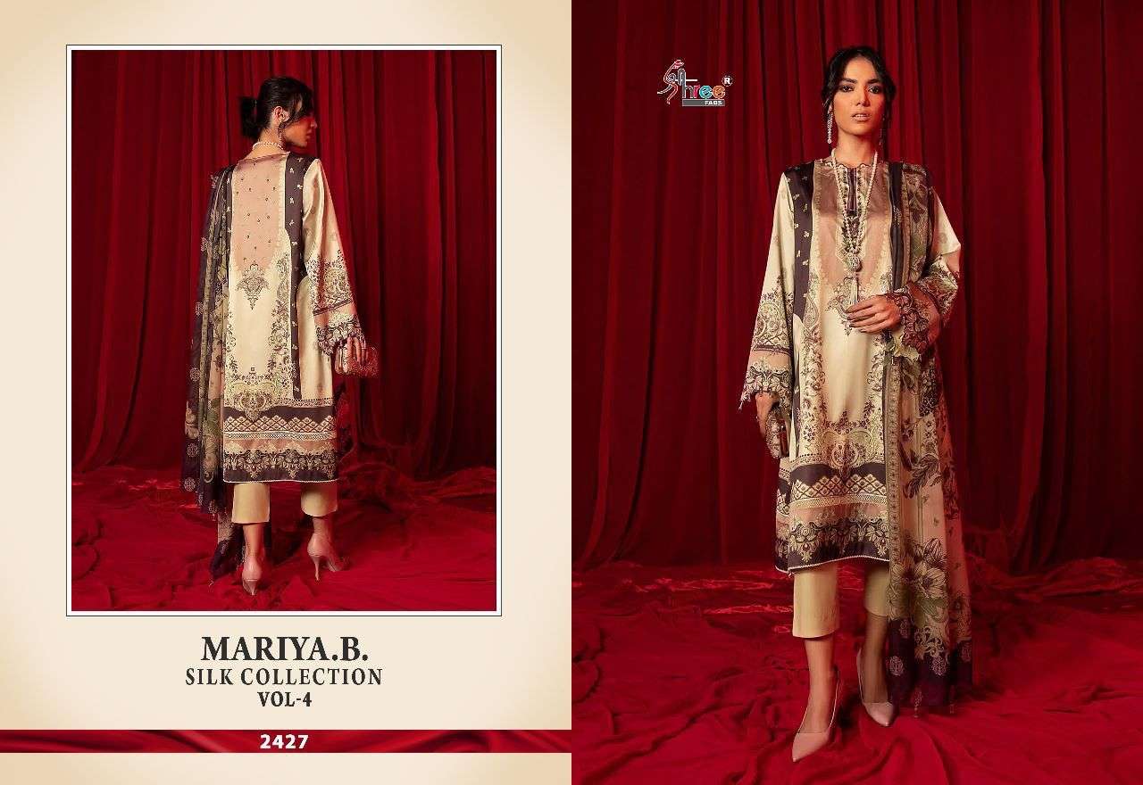 MARIYA.B. SILK COLLECTION VOL-4 BY SHREE FABS 2427 TO 2430 SERIES DESIGNER PAKISTANI SUITS BEAUTIFUL FANCY COLORFUL STYLISH PARTY WEAR & OCCASIONAL WEAR HEAVY SATIN SILK DRESSES AT WHOLESALE PRICE