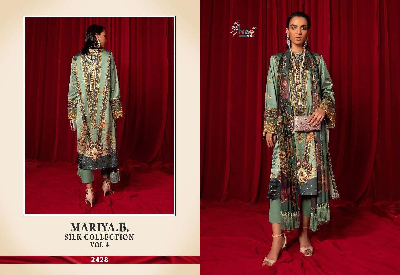 MARIYA.B. SILK COLLECTION VOL-4 BY SHREE FABS 2427 TO 2430 SERIES DESIGNER PAKISTANI SUITS BEAUTIFUL FANCY COLORFUL STYLISH PARTY WEAR & OCCASIONAL WEAR HEAVY SATIN SILK DRESSES AT WHOLESALE PRICE