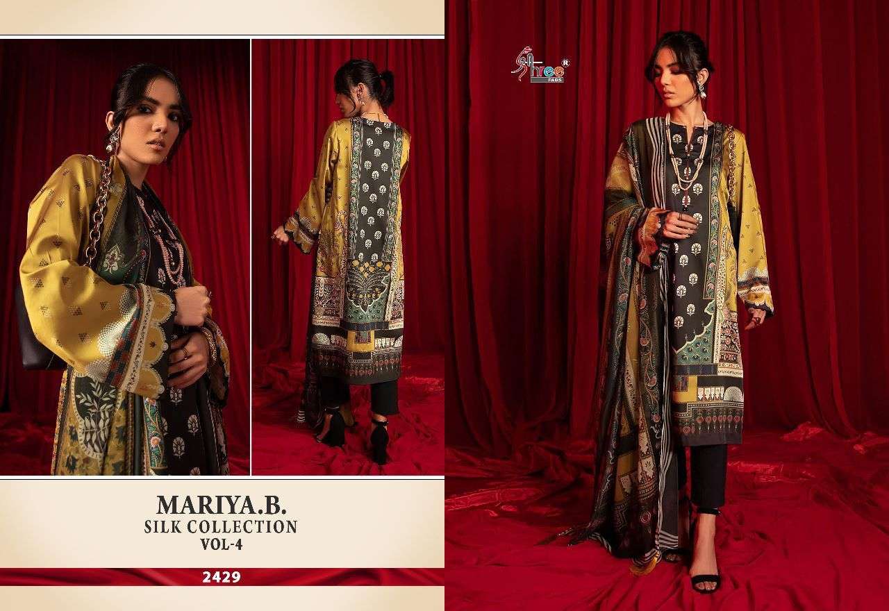 MARIYA.B. SILK COLLECTION VOL-4 BY SHREE FABS 2427 TO 2430 SERIES DESIGNER PAKISTANI SUITS BEAUTIFUL FANCY COLORFUL STYLISH PARTY WEAR & OCCASIONAL WEAR HEAVY SATIN SILK DRESSES AT WHOLESALE PRICE