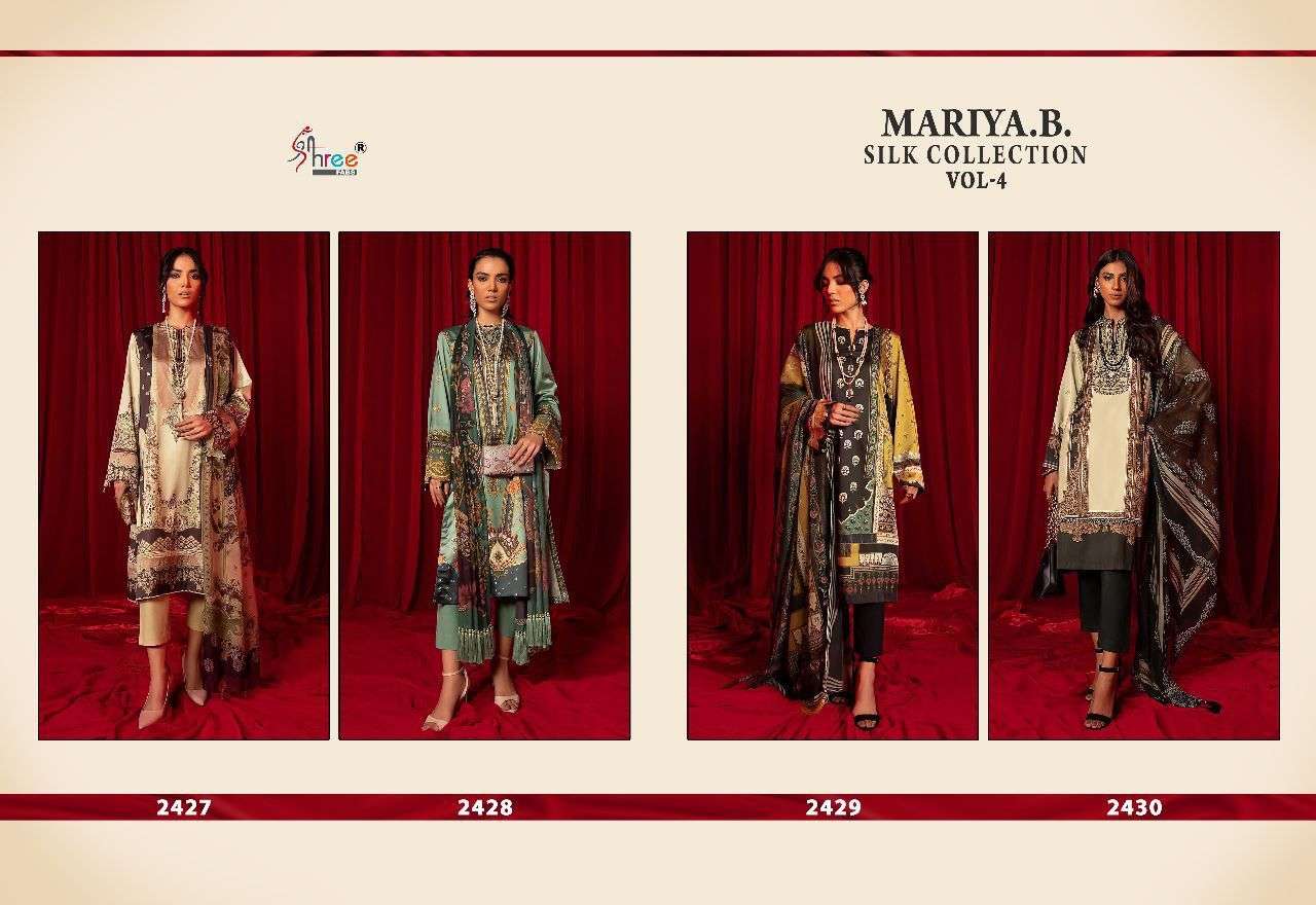 MARIYA.B. SILK COLLECTION VOL-4 BY SHREE FABS 2427 TO 2430 SERIES DESIGNER PAKISTANI SUITS BEAUTIFUL FANCY COLORFUL STYLISH PARTY WEAR & OCCASIONAL WEAR HEAVY SATIN SILK DRESSES AT WHOLESALE PRICE