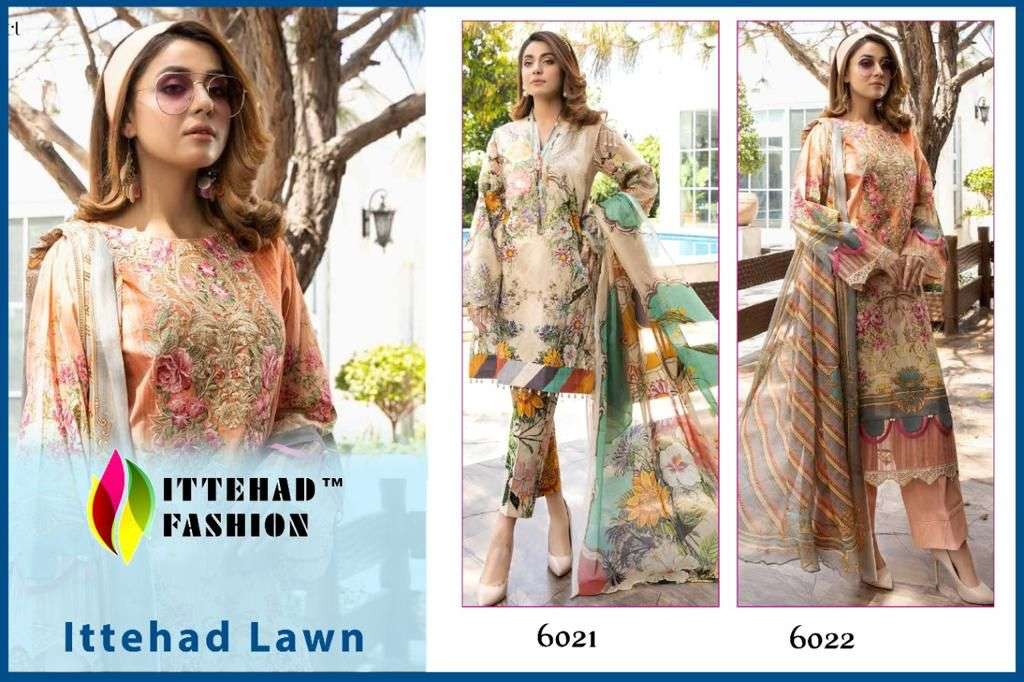 ITTEHAD LAWN BY ITTEHAD FASHION 6021 TO 6022 SERIES BEAUTIFUL PAKISTANI SUITS COLORFUL STYLISH FANCY CASUAL WEAR & ETHNIC WEAR LUXURY LAWN DIGITAL PRINT DRESSES AT WHOLESALE PRICE
