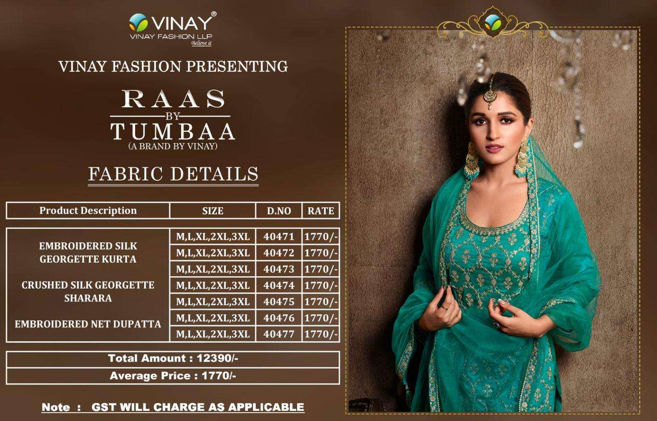 Tumbaa Raas By Vinay Fashion 40471 To 40477 Series Beautiful Suits Colorful Stylish Fancy Casual Wear & Ethnic Wear Georgette Silk Embroidered Dresses At Wholesale Price