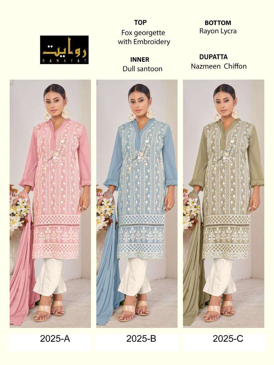RAWAYAT 2025 COLOURS BY RAWAYAT 2025-A TO 2025-C SERIES BEAUTIFUL PAKISTANI SUITS COLORFUL STYLISH FANCY CASUAL WEAR & ETHNIC WEAR FAUX GEORGETTE EMBROIDERED DRESSES AT WHOLESALE PRICE