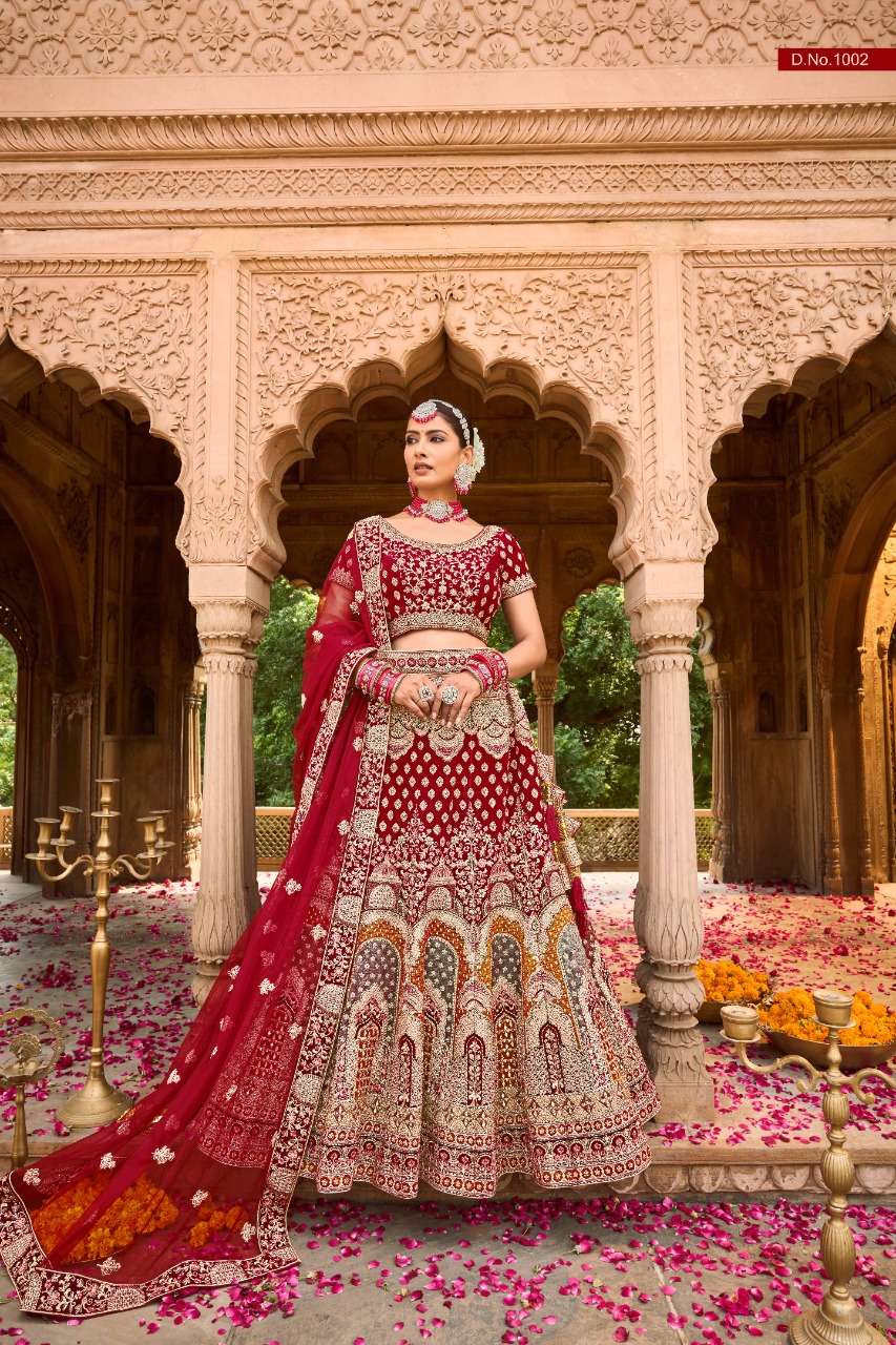 GULMARG BY PURPLE CREATION 1001 TO 1006 SERIES INDIAN TRADITIONAL BEAUTIFUL STYLISH DESIGNER BANARASI SILK JACQUARD EMBROIDERED PARTY WEAR VELVET/COTTON LEHENGAS AT WHOLESALE PRICE