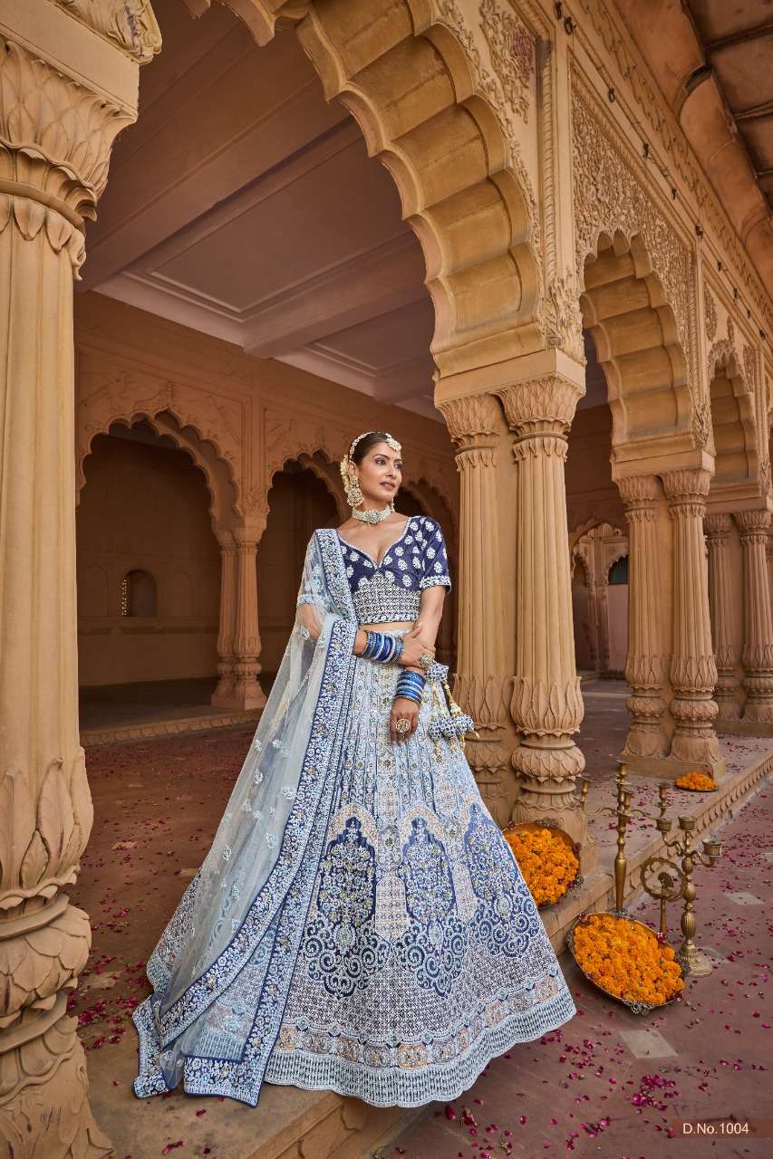 GULMARG BY PURPLE CREATION 1001 TO 1006 SERIES INDIAN TRADITIONAL BEAUTIFUL STYLISH DESIGNER BANARASI SILK JACQUARD EMBROIDERED PARTY WEAR VELVET/COTTON LEHENGAS AT WHOLESALE PRICE