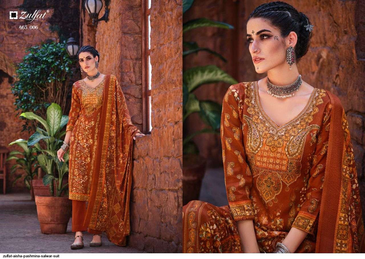 Aisha By Zulfat 465-001 To 465-010 Series Beautiful Pakistani Suits Colorful Stylish Fancy Casual Wear & Ethnic Wear Pure Pashmina Digital Printed Dresses At Wholesale Price