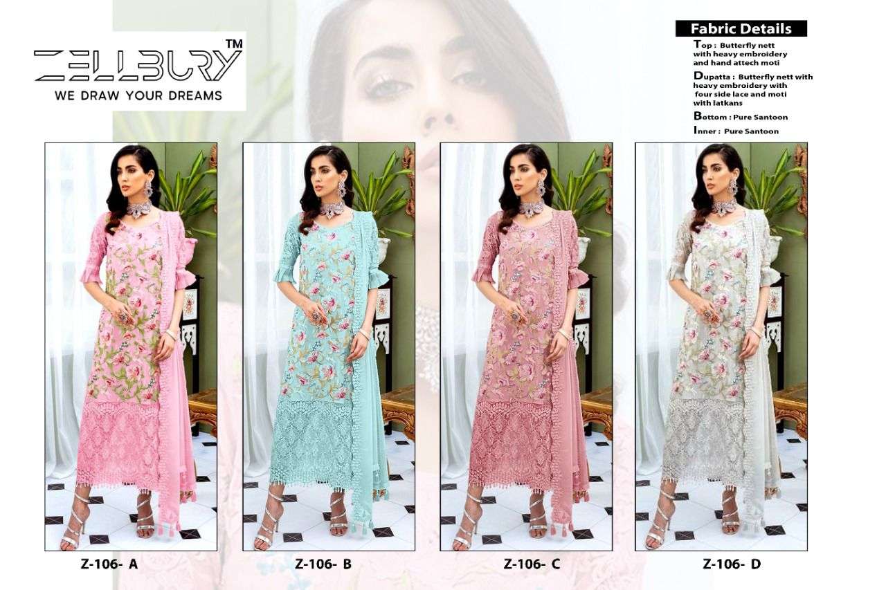 ZELLBURY 106 COLOURS BY ZELLBURY 106-A TO 106-D SERIES DESIGNER FESTIVE PAKISTANI SUITS COLLECTION BEAUTIFUL STYLISH FANCY COLORFUL PARTY WEAR & OCCASIONAL WEAR HEAVY NET WITH EMBROIDERED DRESSES AT WHOLESALE PRICE