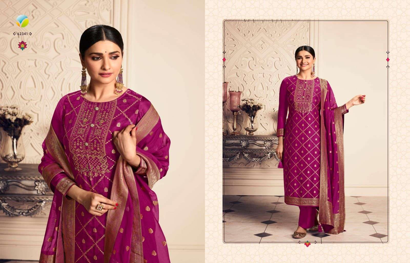 KASEESH AARADHYA BY VINAY FASHION 62341 TO 62346 SERIES DESIGNER SUITS BEAUTIFUL FANCY COLORFUL STYLISH PARTY WEAR & OCCASIONAL WEAR VISCOSE DOLA JACQUARD DRESSES AT WHOLESALE PRICE