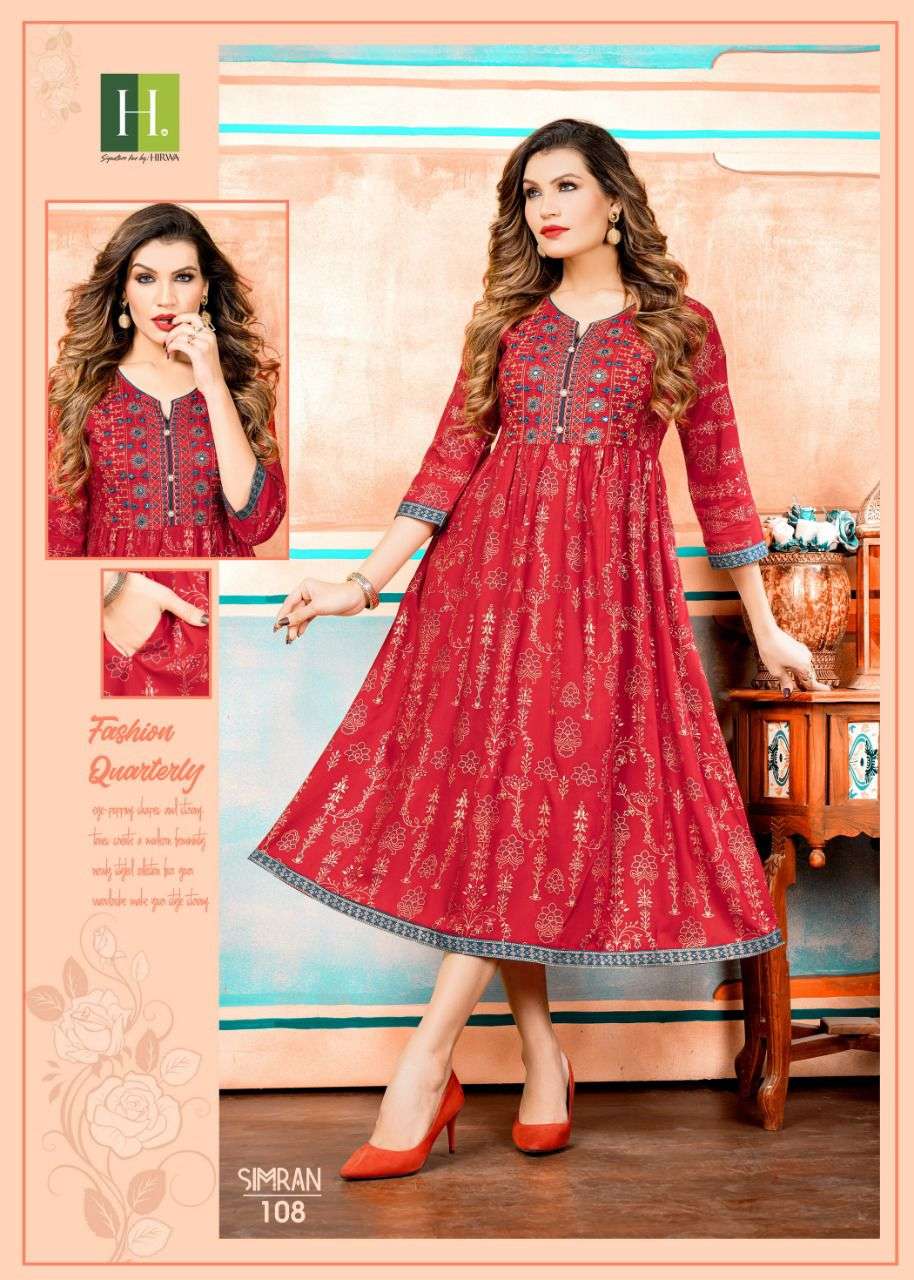 Simran By Hirwa 101 To 108 Series Beautiful Stylish Fancy Colorful Casual Wear & Ethnic Wear Rayon Print Kurtis At Wholesale Price