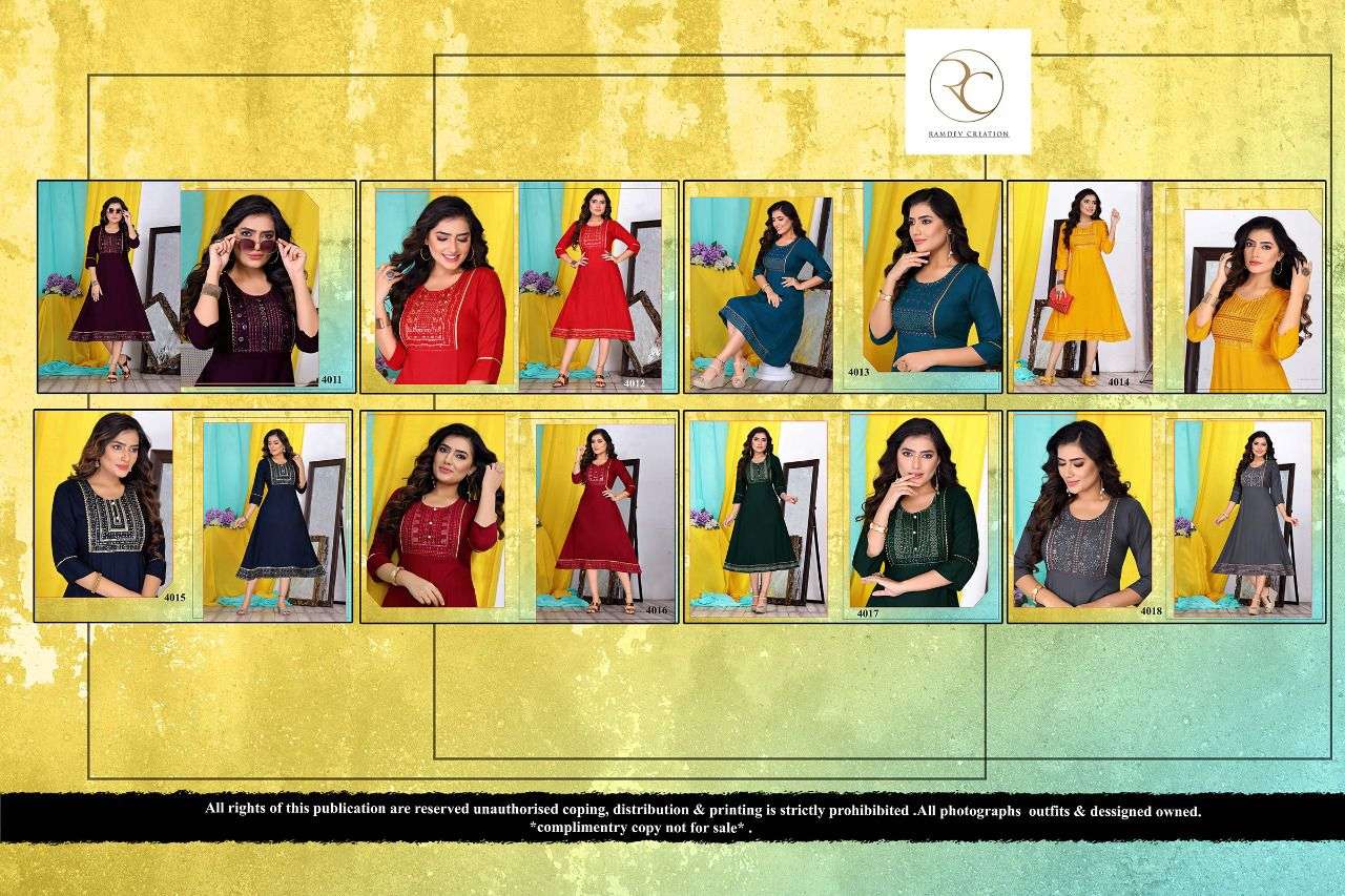 KAINAT BY RC 4011 TO 4018 SERIES BEAUTIFUL STYLISH FANCY COLORFUL CASUAL WEAR & ETHNIC WEAR RAYON WITH WORK KURTIS AT WHOLESALE PRICE