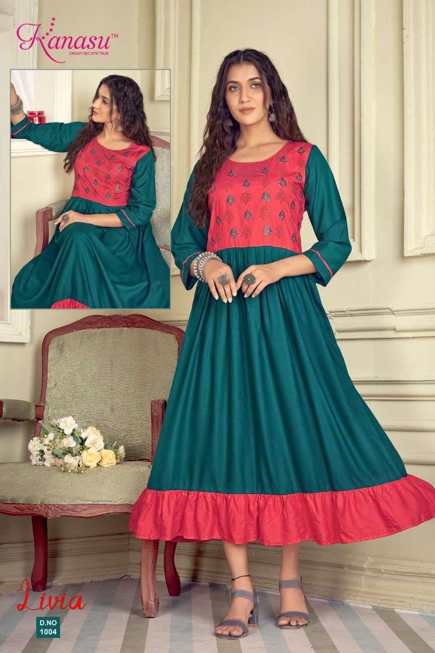 LIVIA BY KANASU 1001 TO 1008 SERIES BEAUTIFUL STYLISH FANCY COLORFUL CASUAL WEAR & ETHNIC WEAR RAYON EMBROIDERED KURTIS AT WHOLESALE PRICE