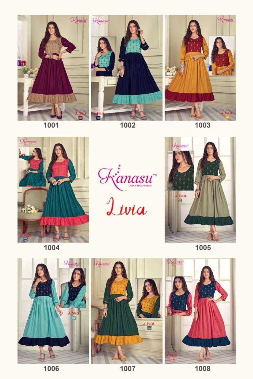 LIVIA BY KANASU 1001 TO 1008 SERIES BEAUTIFUL STYLISH FANCY COLORFUL CASUAL WEAR & ETHNIC WEAR RAYON EMBROIDERED KURTIS AT WHOLESALE PRICE