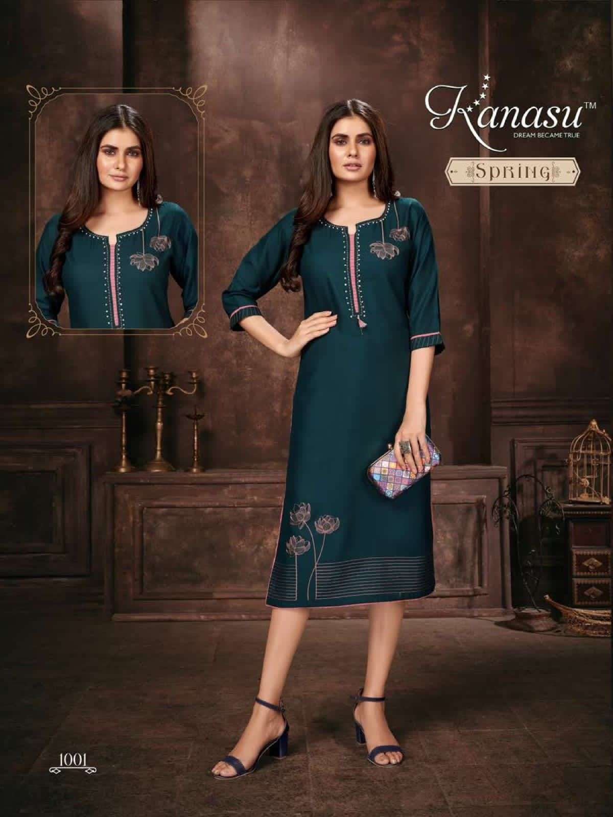 SPRING BY KANASU 1001 TO 1008 SERIES BEAUTIFUL STYLISH FANCY COLORFUL CASUAL WEAR & ETHNIC WEAR RAYON EMBROIDERED KURTIS AT WHOLESALE PRICE