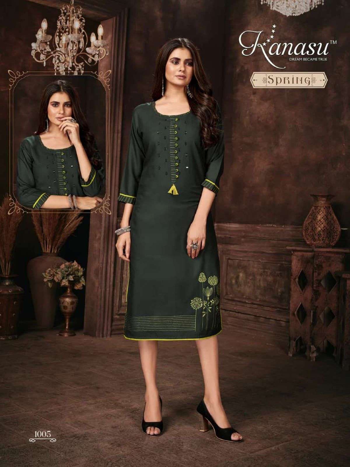 SPRING BY KANASU 1001 TO 1008 SERIES BEAUTIFUL STYLISH FANCY COLORFUL CASUAL WEAR & ETHNIC WEAR RAYON EMBROIDERED KURTIS AT WHOLESALE PRICE