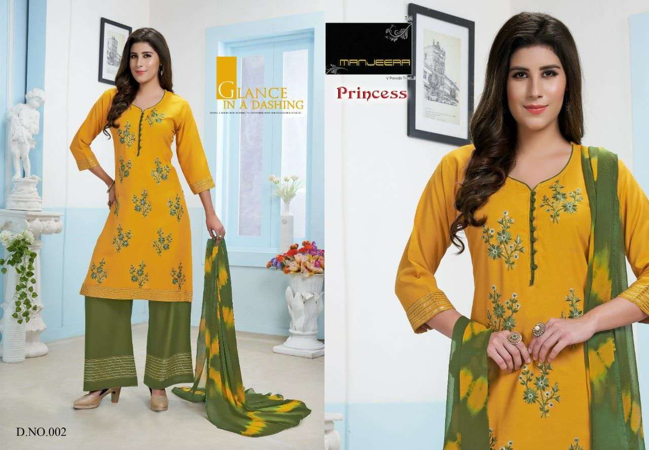 PRINCESS BY MANJEERA 001 TO 008 SERIES BEAUTIFUL SUITS COLORFUL STYLISH FANCY CASUAL WEAR & ETHNIC WEAR RAYON WITH WORK DRESSES AT WHOLESALE PRICE