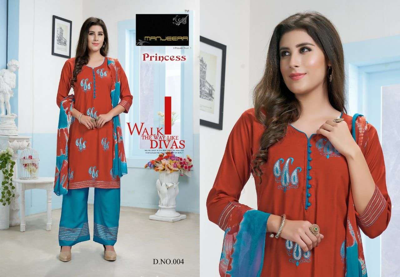 PRINCESS BY MANJEERA 001 TO 008 SERIES BEAUTIFUL SUITS COLORFUL STYLISH FANCY CASUAL WEAR & ETHNIC WEAR RAYON WITH WORK DRESSES AT WHOLESALE PRICE