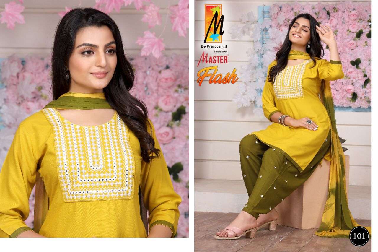FLASH BY MASTER 101 TO 108 SERIES BEAUTIFUL PATIYALA SUITS COLORFUL STYLISH FANCY CASUAL WEAR & ETHNIC WEAR RAYON WITH WORK DRESSES AT WHOLESALE PRICE