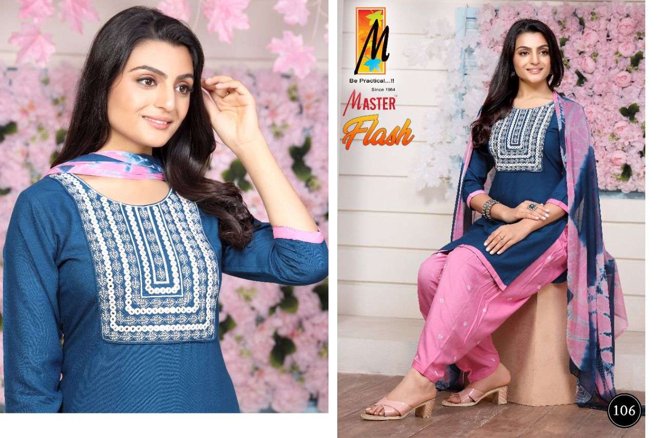 FLASH BY MASTER 101 TO 108 SERIES BEAUTIFUL PATIYALA SUITS COLORFUL STYLISH FANCY CASUAL WEAR & ETHNIC WEAR RAYON WITH WORK DRESSES AT WHOLESALE PRICE