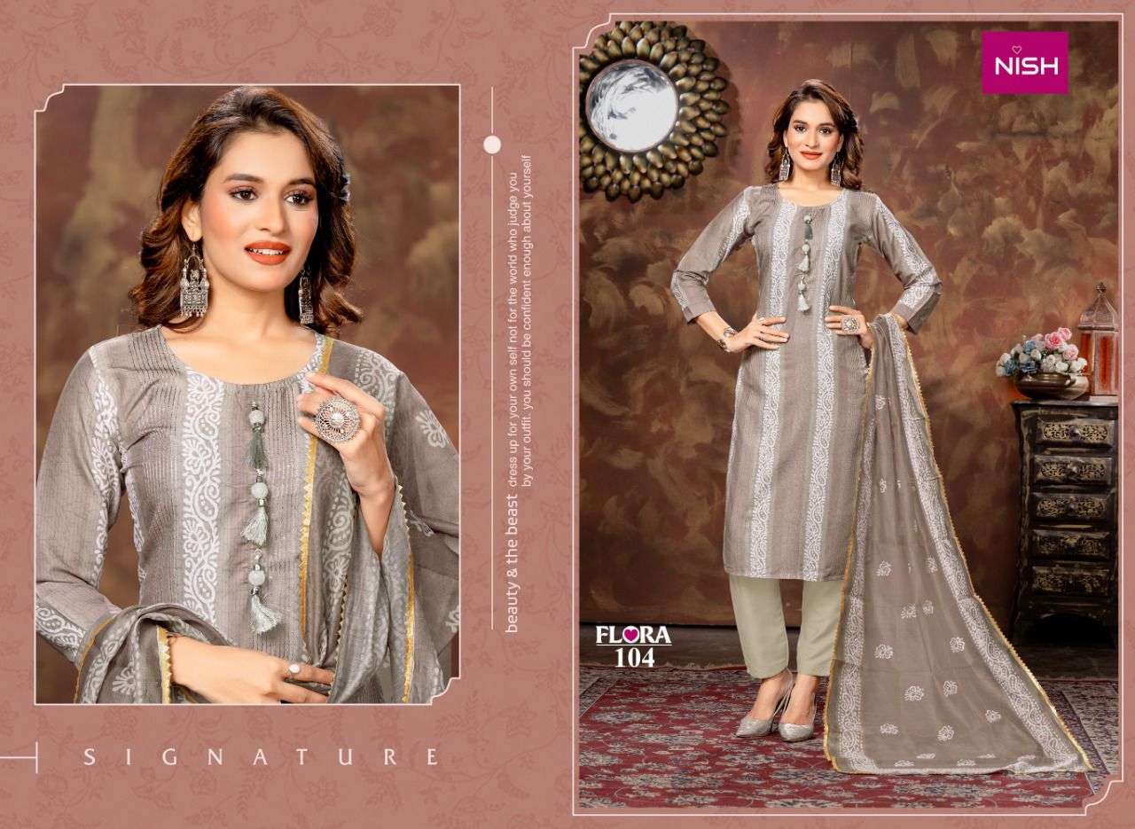 FLORA BY NISH 101 TO 108 SERIES BEAUTIFUL SUITS COLORFUL STYLISH FANCY CASUAL WEAR & ETHNIC WEAR CHINNON PRINT DRESSES AT WHOLESALE PRICE