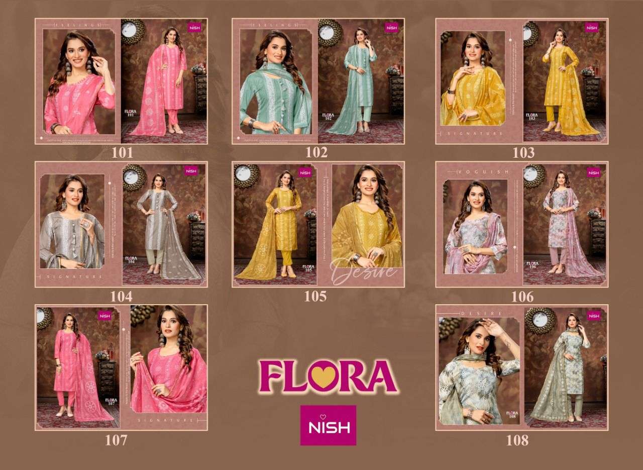 FLORA BY NISH 101 TO 108 SERIES BEAUTIFUL SUITS COLORFUL STYLISH FANCY CASUAL WEAR & ETHNIC WEAR CHINNON PRINT DRESSES AT WHOLESALE PRICE