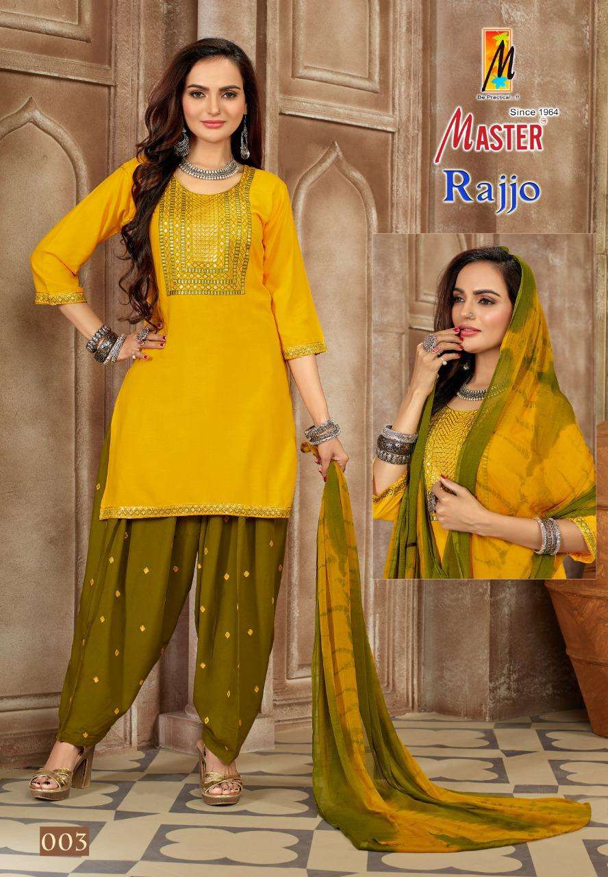 RAJJO BY MASTER 001 TO 008 SERIES BEAUTIFUL PATIYALA SUITS COLORFUL STYLISH FANCY CASUAL WEAR & ETHNIC WEAR RAYON WITH WORK DRESSES AT WHOLESALE PRICE