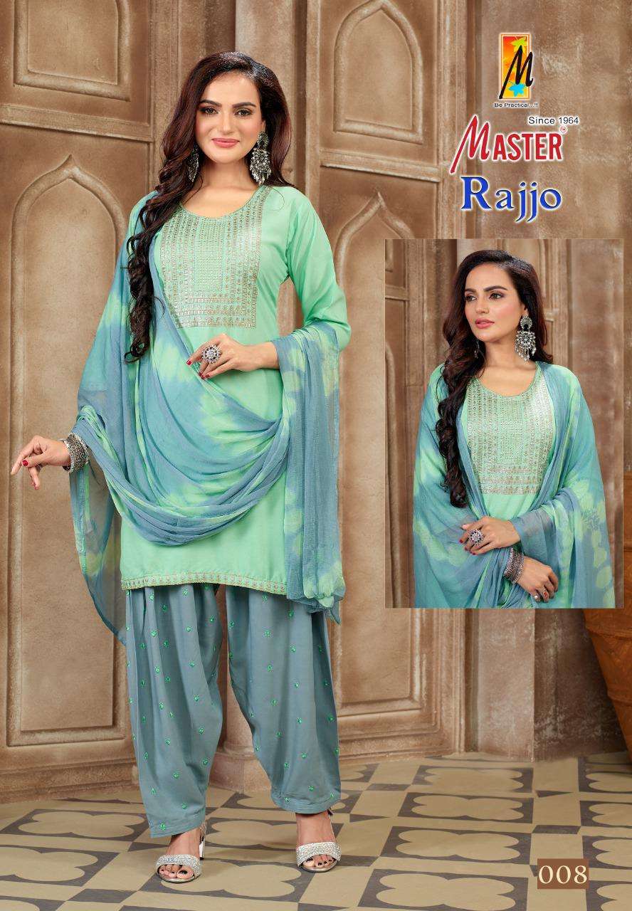 RAJJO BY MASTER 001 TO 008 SERIES BEAUTIFUL PATIYALA SUITS COLORFUL STYLISH FANCY CASUAL WEAR & ETHNIC WEAR RAYON WITH WORK DRESSES AT WHOLESALE PRICE