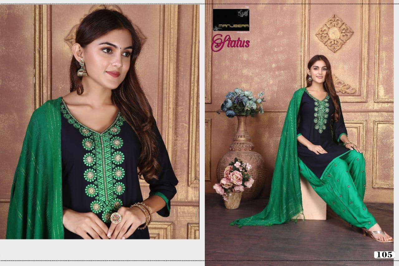 STATUS BY MANJEERA 101 TO 108 SERIES BEAUTIFUL PATIYALA SUITS COLORFUL STYLISH FANCY CASUAL WEAR & ETHNIC WEAR RAYON WITH WORK DRESSES AT WHOLESALE PRICE