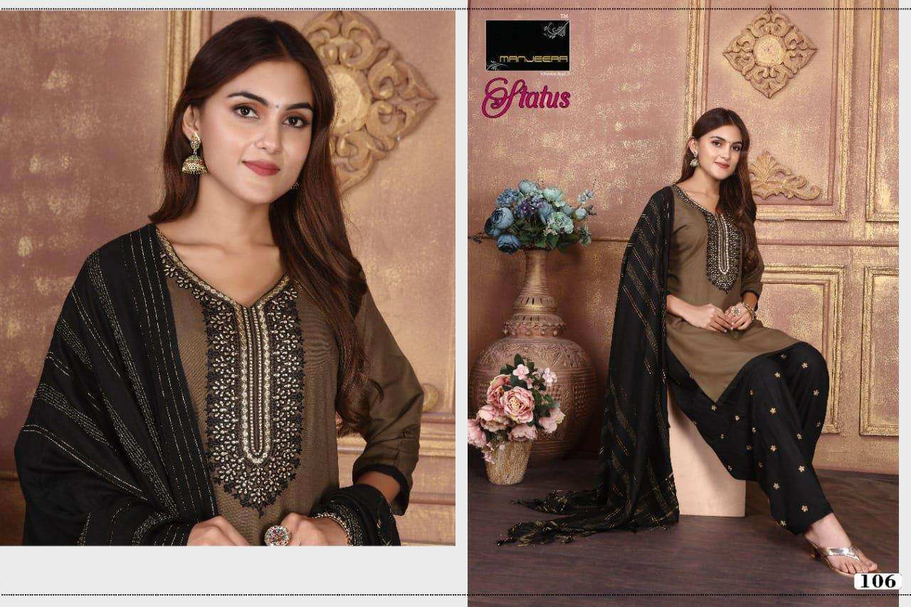 STATUS BY MANJEERA 101 TO 108 SERIES BEAUTIFUL PATIYALA SUITS COLORFUL STYLISH FANCY CASUAL WEAR & ETHNIC WEAR RAYON WITH WORK DRESSES AT WHOLESALE PRICE