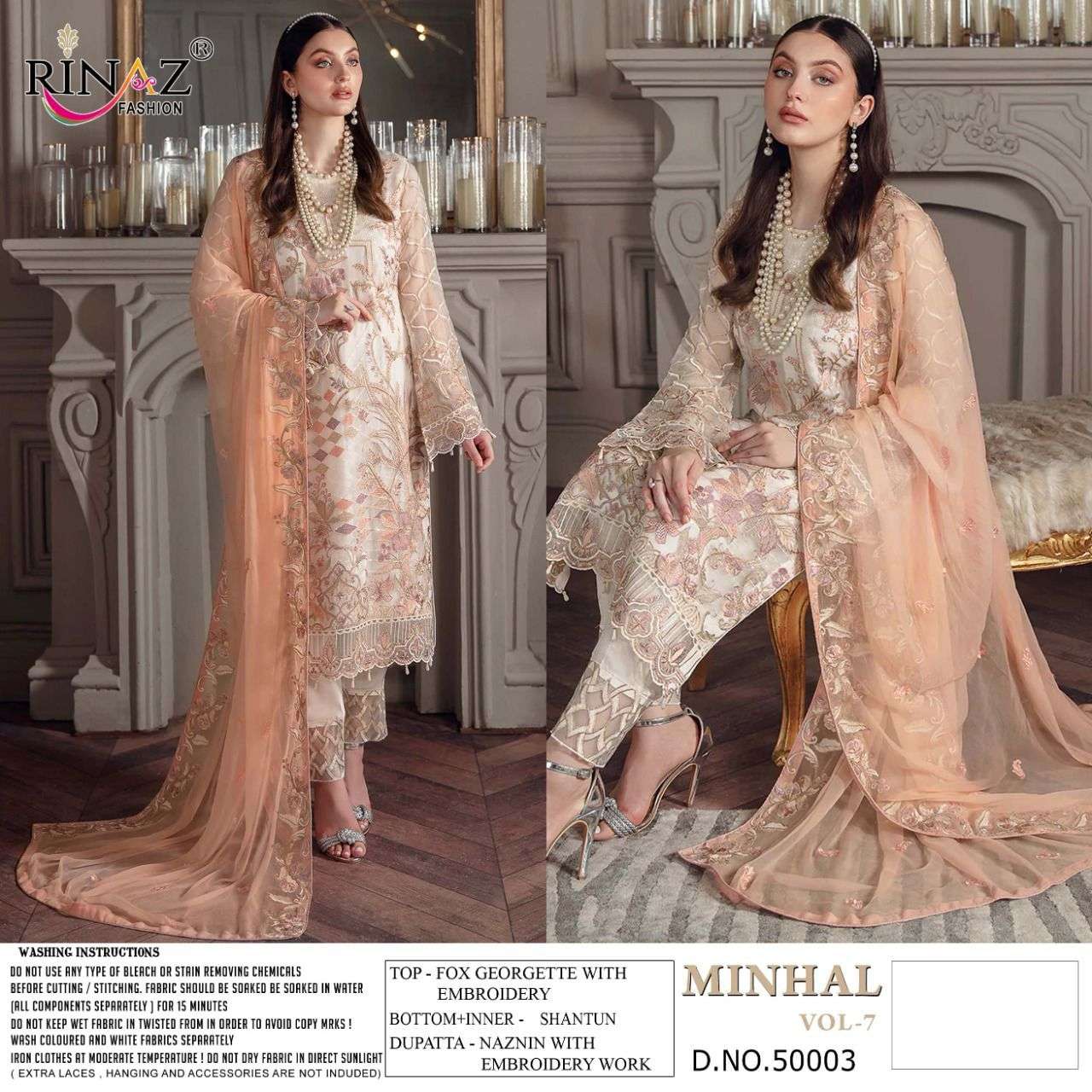 MINHAL VOL-7 BY RINAZ FASHION 50001 TO 50004 SERIES PAKISTANI SUITS BEAUTIFUL FANCY COLORFUL STYLISH PARTY WEAR & OCCASIONAL WEAR FAUX GEORGETTE DRESSES AT WHOLESALE PRICE