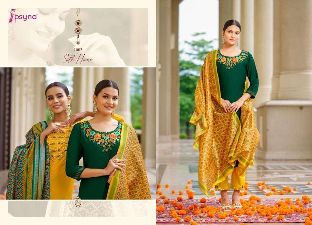 SILK HOUSE BY PSYNA 1001 TO 1006 SERIES SUITS BEAUTIFUL FANCY COLORFUL STYLISH PARTY WEAR & OCCASIONAL WEAR CHINNON SILK DRESSES AT WHOLESALE PRICE