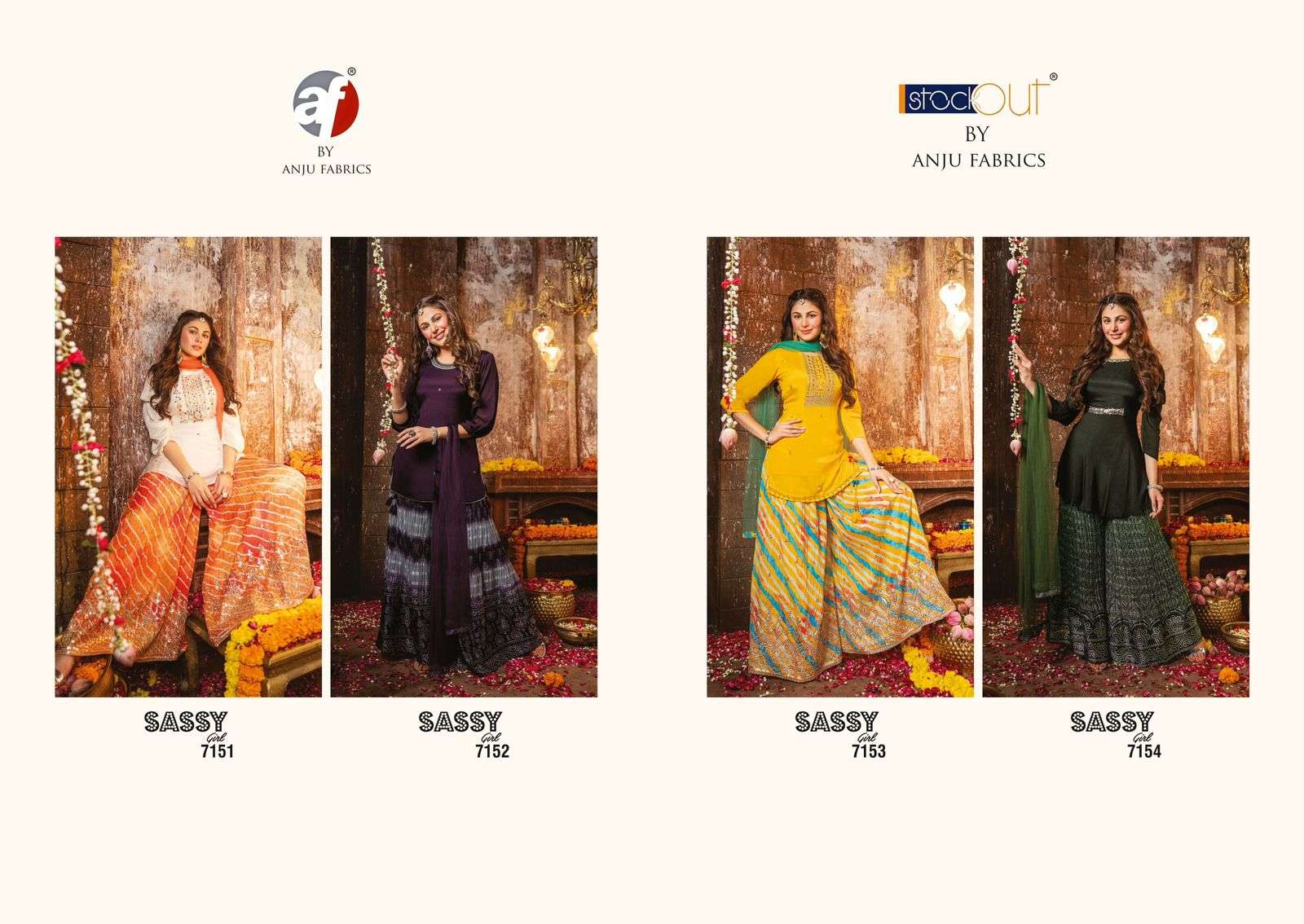 SASSY GIRL VOL-2 BY AF 7151 TO 7154 SERIES BEAUTIFUL SHARARA SUITS COLORFUL STYLISH FANCY CASUAL WEAR & ETHNIC WEAR CHINNON CHIFFON DRESSES AT WHOLESALE PRICE