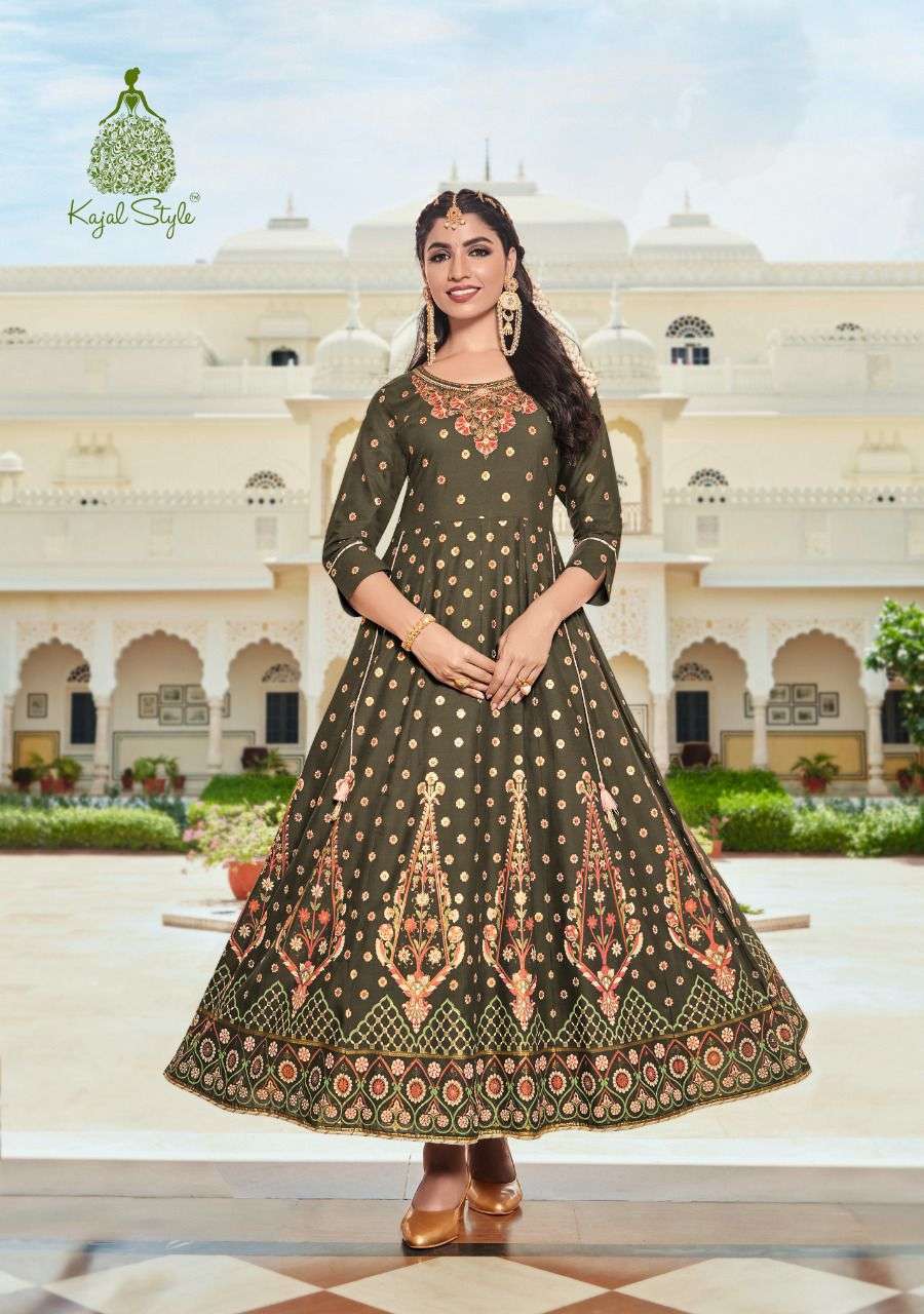 FASHION COLOURBAR VOL-8 BY KAJAL STYLE 8001 TO 8008 SERIES BEAUTIFUL STYLISH FANCY COLORFUL CASUAL WEAR & ETHNIC WEAR HEAVY RAYON EMBROIDERED GOWNS AT WHOLESALE PRICE