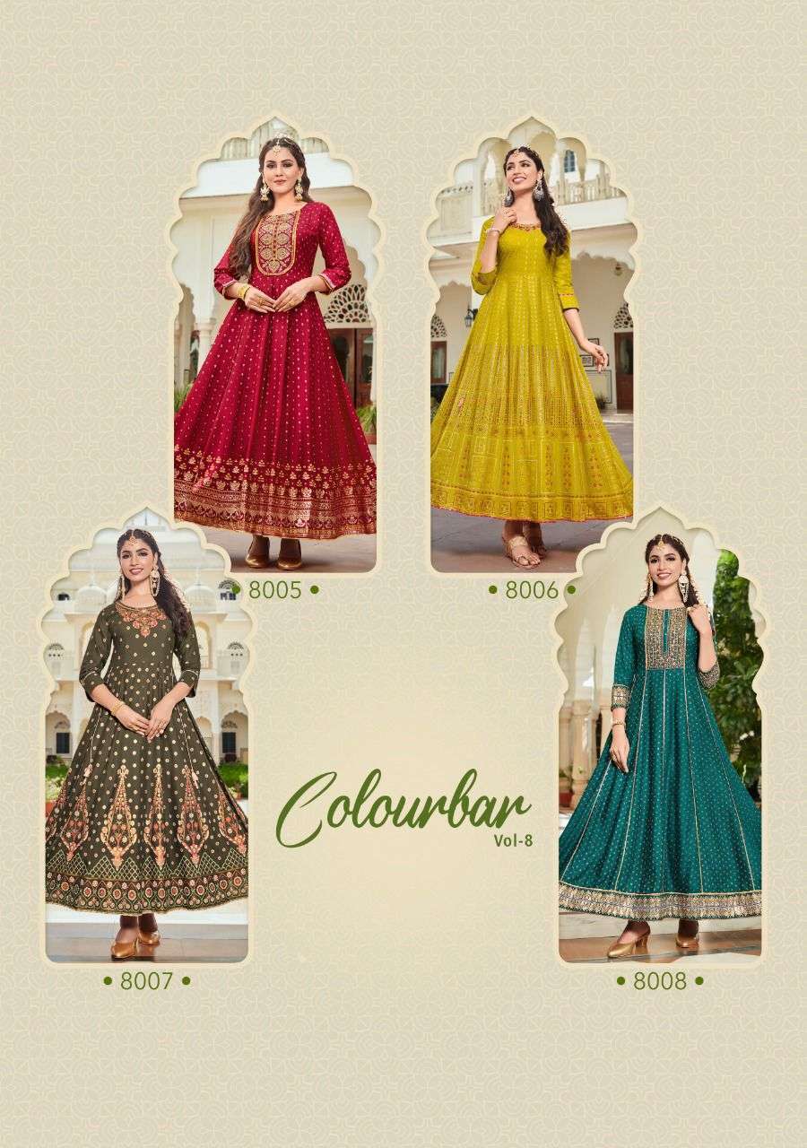 FASHION COLOURBAR VOL-8 BY KAJAL STYLE 8001 TO 8008 SERIES BEAUTIFUL STYLISH FANCY COLORFUL CASUAL WEAR & ETHNIC WEAR HEAVY RAYON EMBROIDERED GOWNS AT WHOLESALE PRICE