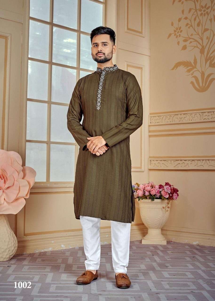 MENS KURTA 1001 SERIES BY FASHID WHOLESALE 1001 TO 1006 BEAUTIFUL COLORFUL STYLISH FANCY CASUAL WEAR & ETHNIC WEAR & READY TO WEAR COTTON KURTAS WITH PAJAMAS AT WHOLESALE PRICE