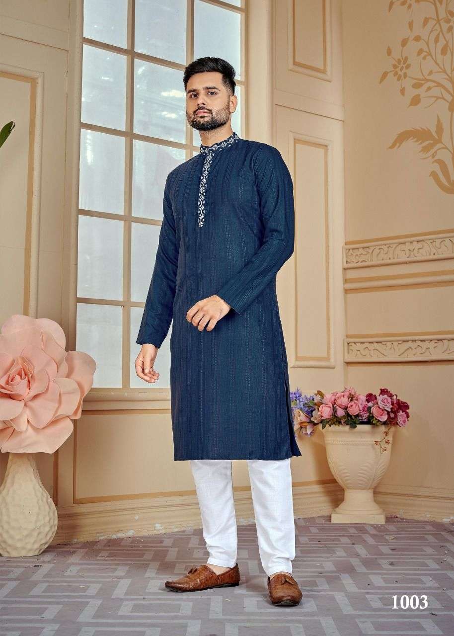 MENS KURTA 1001 SERIES BY FASHID WHOLESALE 1001 TO 1006 BEAUTIFUL COLORFUL STYLISH FANCY CASUAL WEAR & ETHNIC WEAR & READY TO WEAR COTTON KURTAS WITH PAJAMAS AT WHOLESALE PRICE