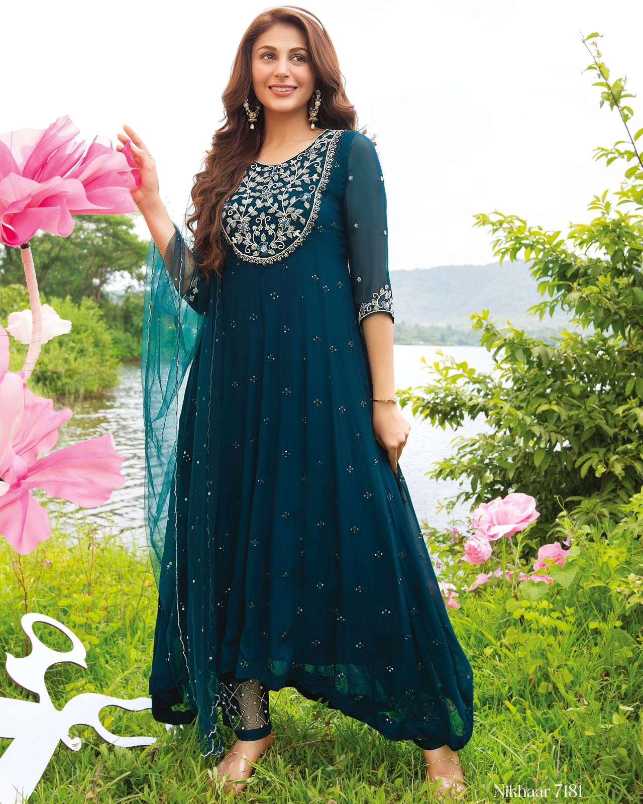 NIKHAAR BY ANJU FABRICS 7181 TO 7184 SERIES BEAUTIFUL ANARKALI SUITS COLORFUL STYLISH FANCY CASUAL WEAR & ETHNIC WEAR PURE VISCOSE GEORGETTE DRESSES AT WHOLESALE PRICE