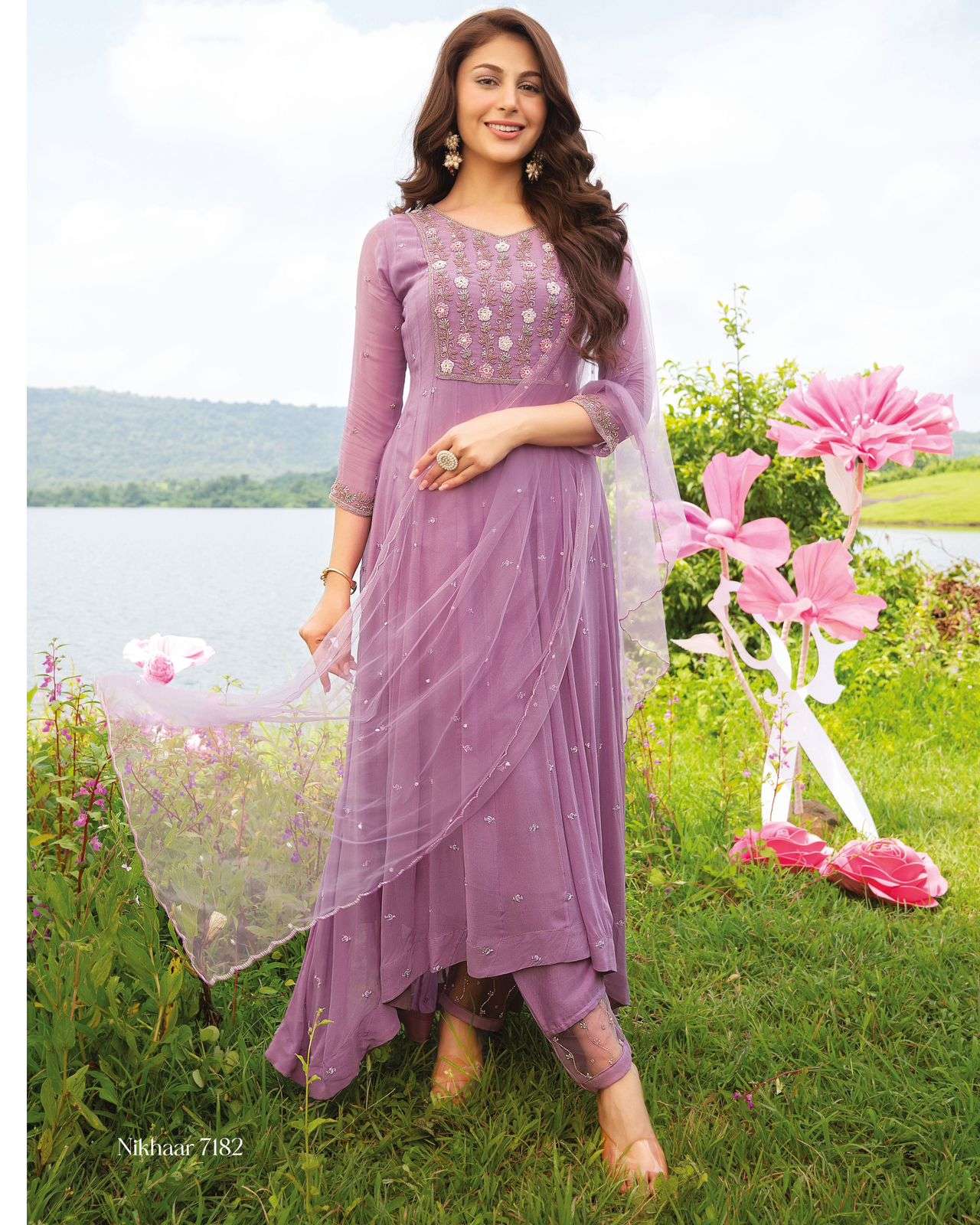 NIKHAAR BY ANJU FABRICS 7181 TO 7184 SERIES BEAUTIFUL ANARKALI SUITS COLORFUL STYLISH FANCY CASUAL WEAR & ETHNIC WEAR PURE VISCOSE GEORGETTE DRESSES AT WHOLESALE PRICE