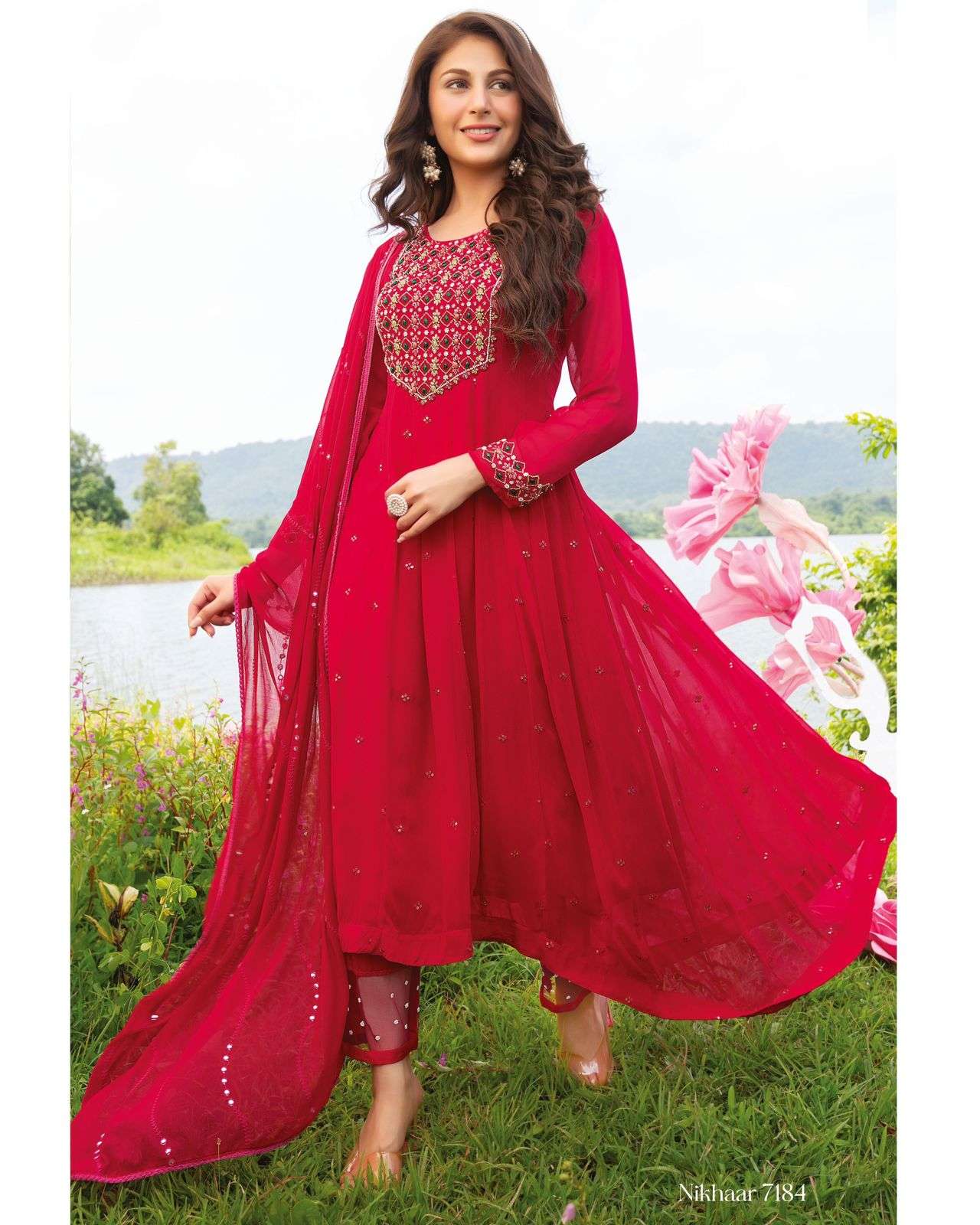 NIKHAAR BY ANJU FABRICS 7181 TO 7184 SERIES BEAUTIFUL ANARKALI SUITS COLORFUL STYLISH FANCY CASUAL WEAR & ETHNIC WEAR PURE VISCOSE GEORGETTE DRESSES AT WHOLESALE PRICE
