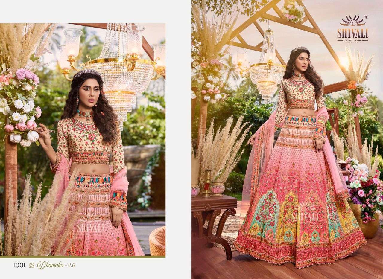 TRIPLE DHAMAKA VOL-3 BY SHIVALI 1001 TO 1003 SERIES INDIAN TRADITIONAL BEAUTIFUL STYLISH DESIGNER BANARASI SILK JACQUARD EMBROIDERED PARTY WEAR SATIN LEHENGAS AT WHOLESALE PRICE