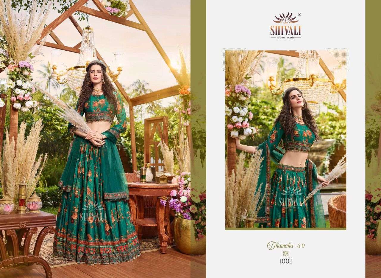 TRIPLE DHAMAKA VOL-3 BY SHIVALI 1001 TO 1003 SERIES INDIAN TRADITIONAL BEAUTIFUL STYLISH DESIGNER BANARASI SILK JACQUARD EMBROIDERED PARTY WEAR SATIN LEHENGAS AT WHOLESALE PRICE