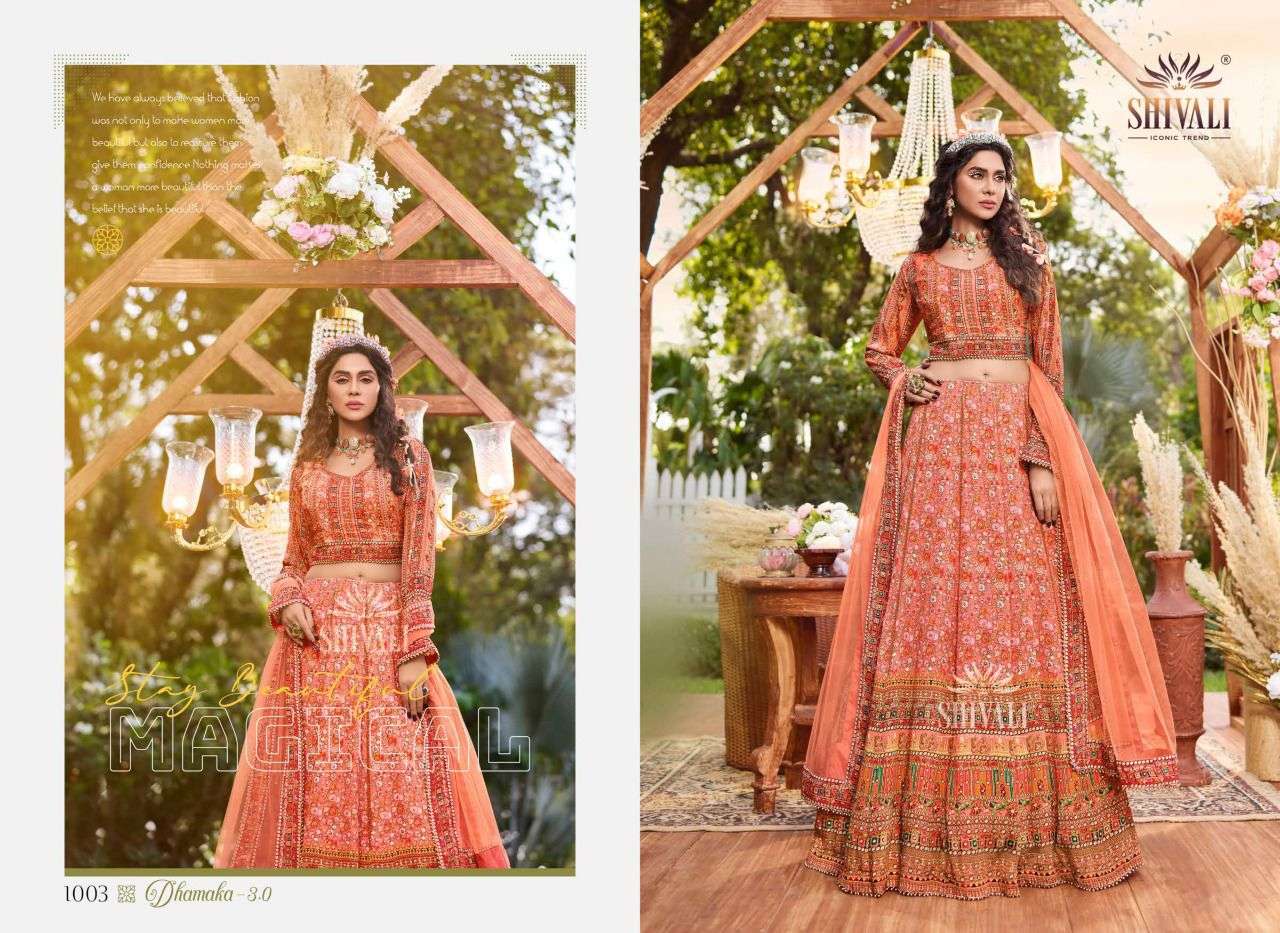 TRIPLE DHAMAKA VOL-3 BY SHIVALI 1001 TO 1003 SERIES INDIAN TRADITIONAL BEAUTIFUL STYLISH DESIGNER BANARASI SILK JACQUARD EMBROIDERED PARTY WEAR SATIN LEHENGAS AT WHOLESALE PRICE