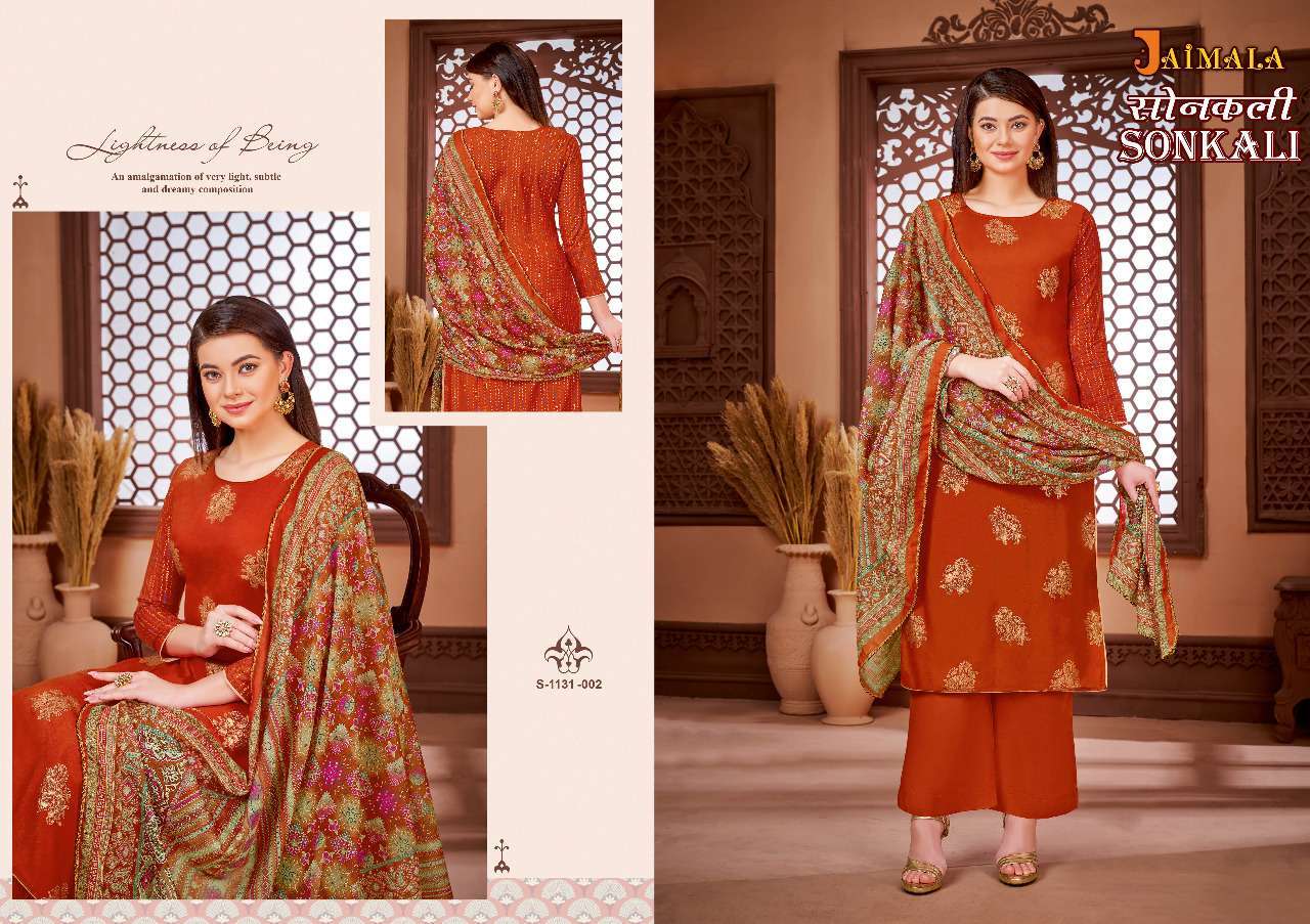 SONKALI BY JAIMALA 1131-001 TO 1131-006 SERIES DESIGNER SUITS BEAUTIFUL STYLISH FANCY COLORFUL PARTY WEAR & OCCASIONAL WEAR PURE VISCOSE RAYON PRINTED DRESSES AT WHOLESALE PRICE