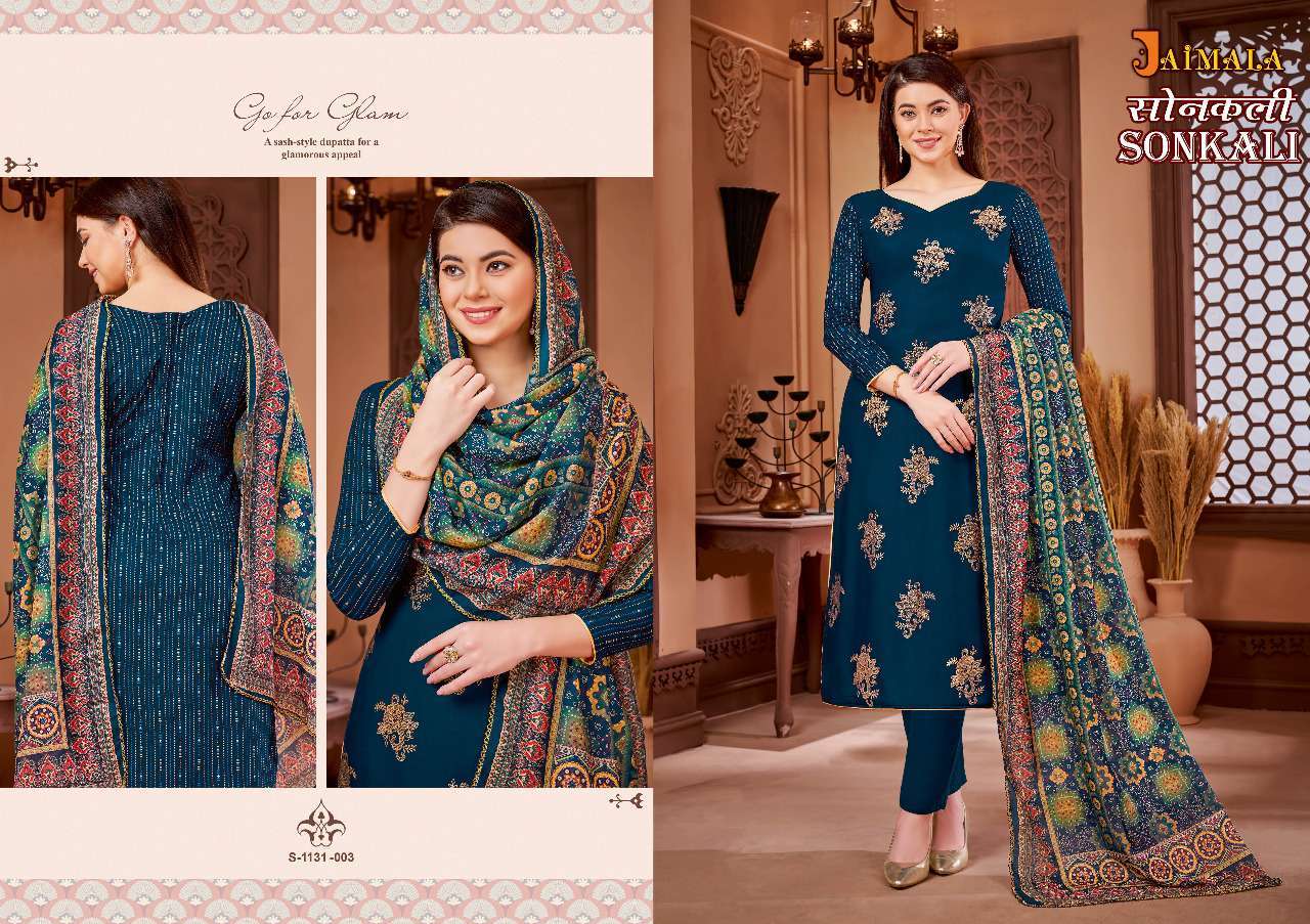 SONKALI BY JAIMALA 1131-001 TO 1131-006 SERIES DESIGNER SUITS BEAUTIFUL STYLISH FANCY COLORFUL PARTY WEAR & OCCASIONAL WEAR PURE VISCOSE RAYON PRINTED DRESSES AT WHOLESALE PRICE