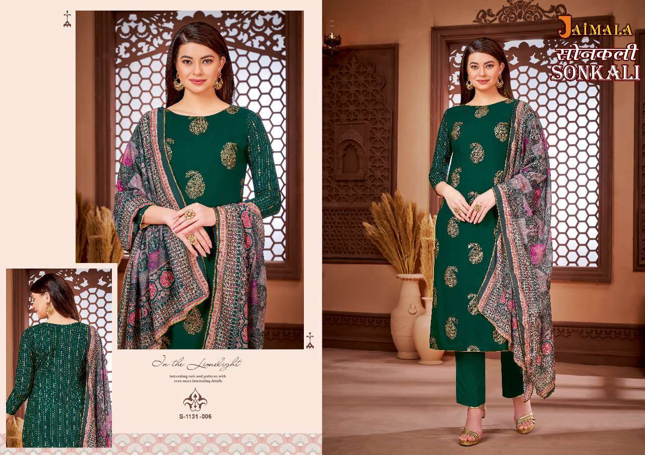 SONKALI BY JAIMALA 1131-001 TO 1131-006 SERIES DESIGNER SUITS BEAUTIFUL STYLISH FANCY COLORFUL PARTY WEAR & OCCASIONAL WEAR PURE VISCOSE RAYON PRINTED DRESSES AT WHOLESALE PRICE