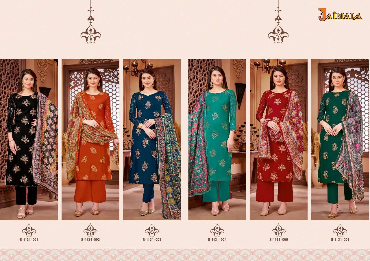 SONKALI BY JAIMALA 1131-001 TO 1131-006 SERIES DESIGNER SUITS BEAUTIFUL STYLISH FANCY COLORFUL PARTY WEAR & OCCASIONAL WEAR PURE VISCOSE RAYON PRINTED DRESSES AT WHOLESALE PRICE
