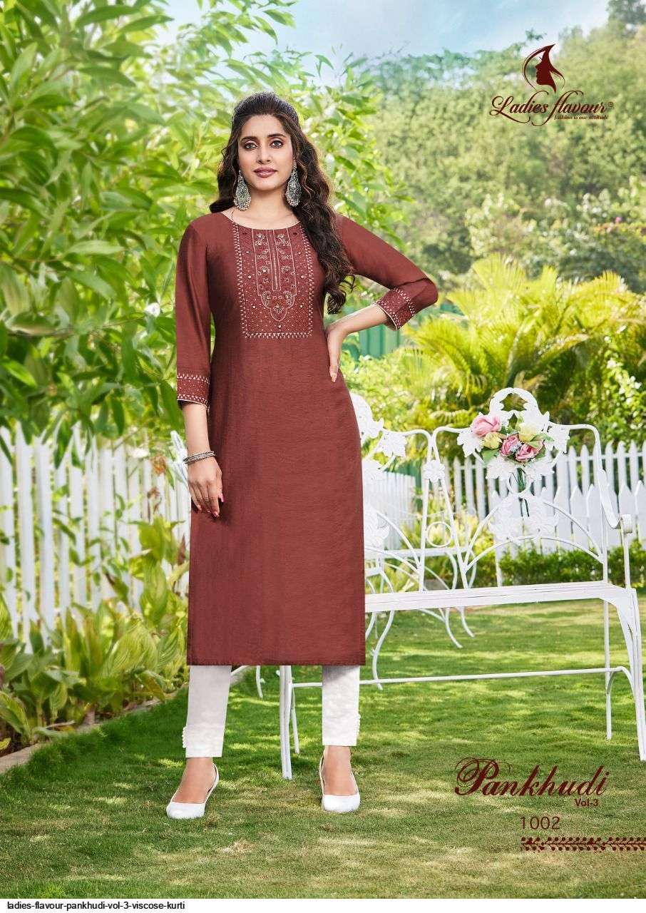 Pankhudi Vol-3 By Ladies Flavour 1001 To 1006 Series Beautiful Stylish Fancy Colorful Casual Wear & Ethnic Wear & Ready To Wear Pure Viscose Embroidered Kurtis At Wholesale Price