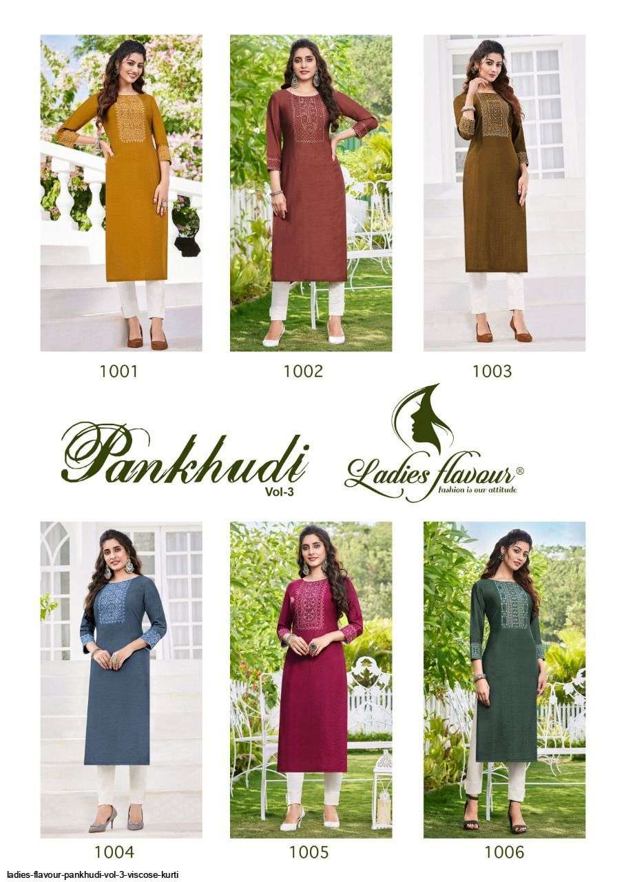 Pankhudi Vol-3 By Ladies Flavour 1001 To 1006 Series Beautiful Stylish Fancy Colorful Casual Wear & Ethnic Wear & Ready To Wear Pure Viscose Embroidered Kurtis At Wholesale Price
