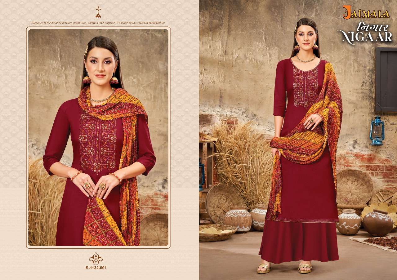 NIGAAR 1132 SERIES BY JAIMALA 1132-001 TO 1132-006 SERIES BEAUTIFUL SUITS COLORFUL STYLISH FANCY CASUAL WEAR & ETHNIC WEAR PURE RAYON SLUB DRESSES AT WHOLESALE PRICE